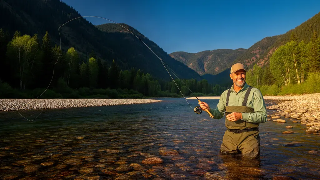 Fly-fishing guide casting a line in a clear mountain river at golden hour